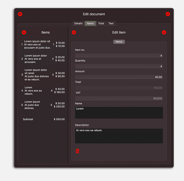 invoice item tab